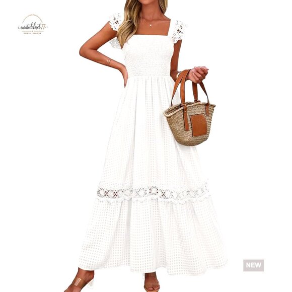 Dresses & Skirts - Smocked Maxi Dress with Pockets, Square Neck, Lace Detail, Flowy Summer Sundress